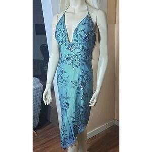 Vintage Cache Silk Beaded Fairy Handkerchief Hem Green Gown‎ Size Small Whimsy